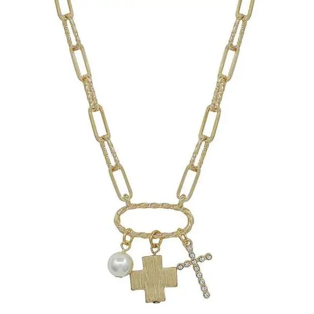 Gold Tri-Charm Cross Necklace