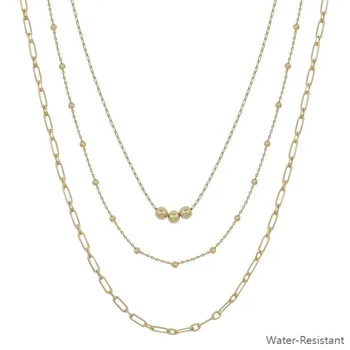 Gold Triple Chain Beaded Necklace