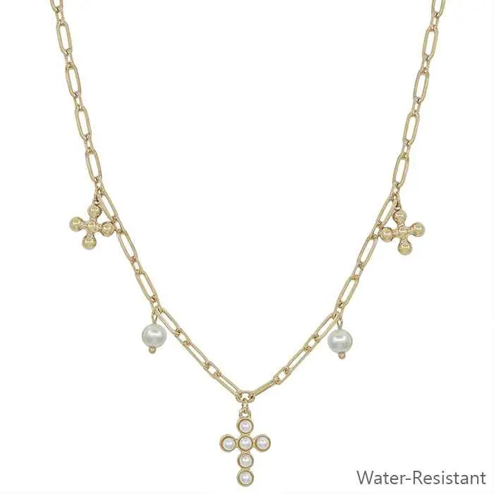 Gold Pearl Cross Charm Necklace