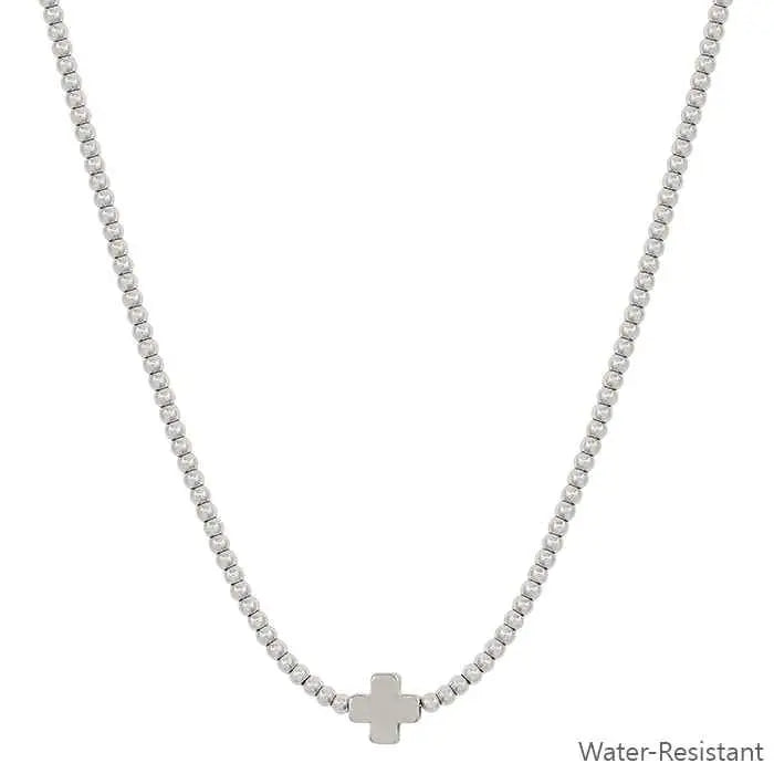 Silver Beaded Chain Cross Necklace