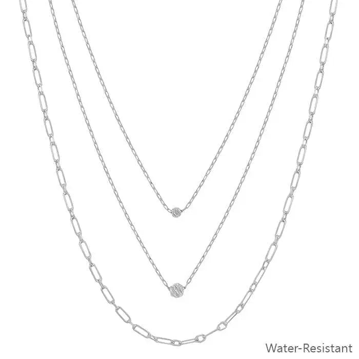 Silver Triple Chain Bead Charm Necklace