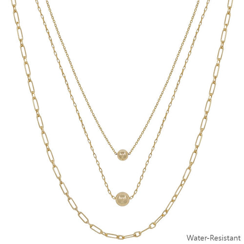 Gold Bead Triple Chain Necklace