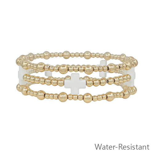 Gold Multi Strand White Cross Bracelet