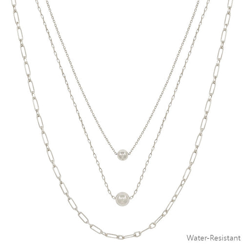 Silver Bead Triple Chain Necklace