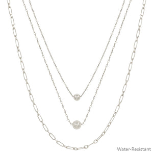 Silver Bead Triple Chain Necklace