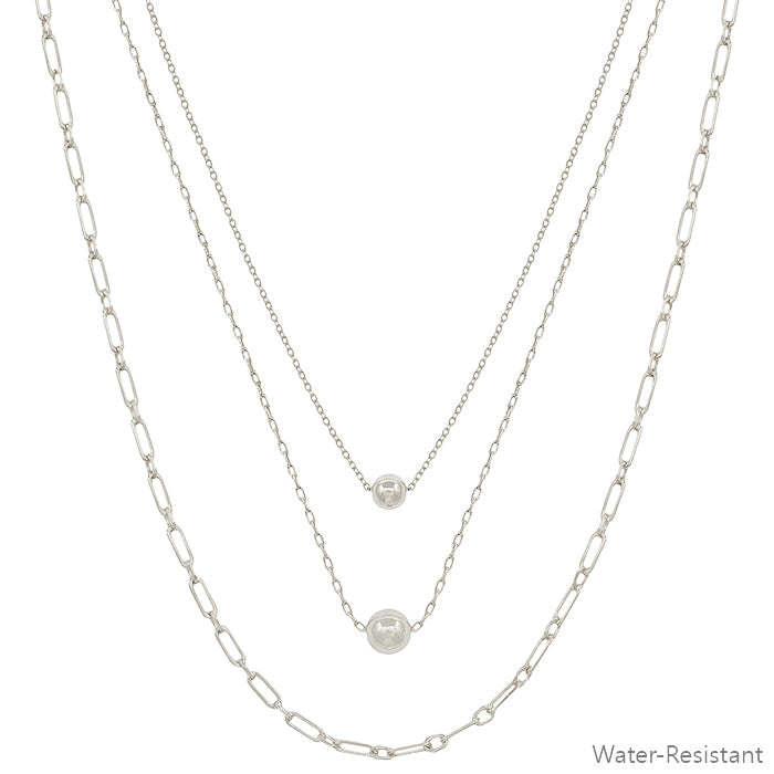 Silver Bead Triple Chain Necklace