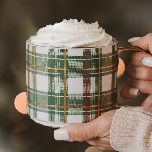 Green Plaid Gold Handle Mug