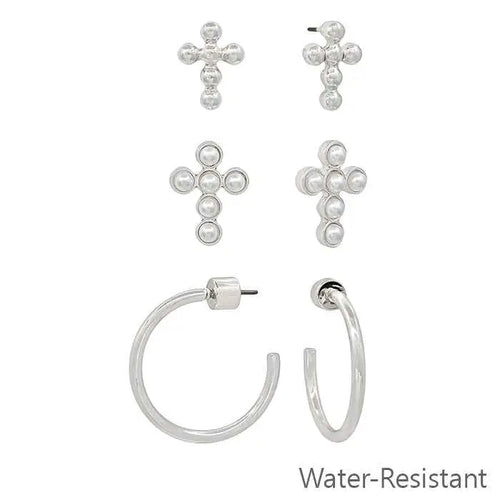 Silver Cross Pearl Hoop Set