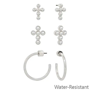 Silver Cross Pearl Hoop Set