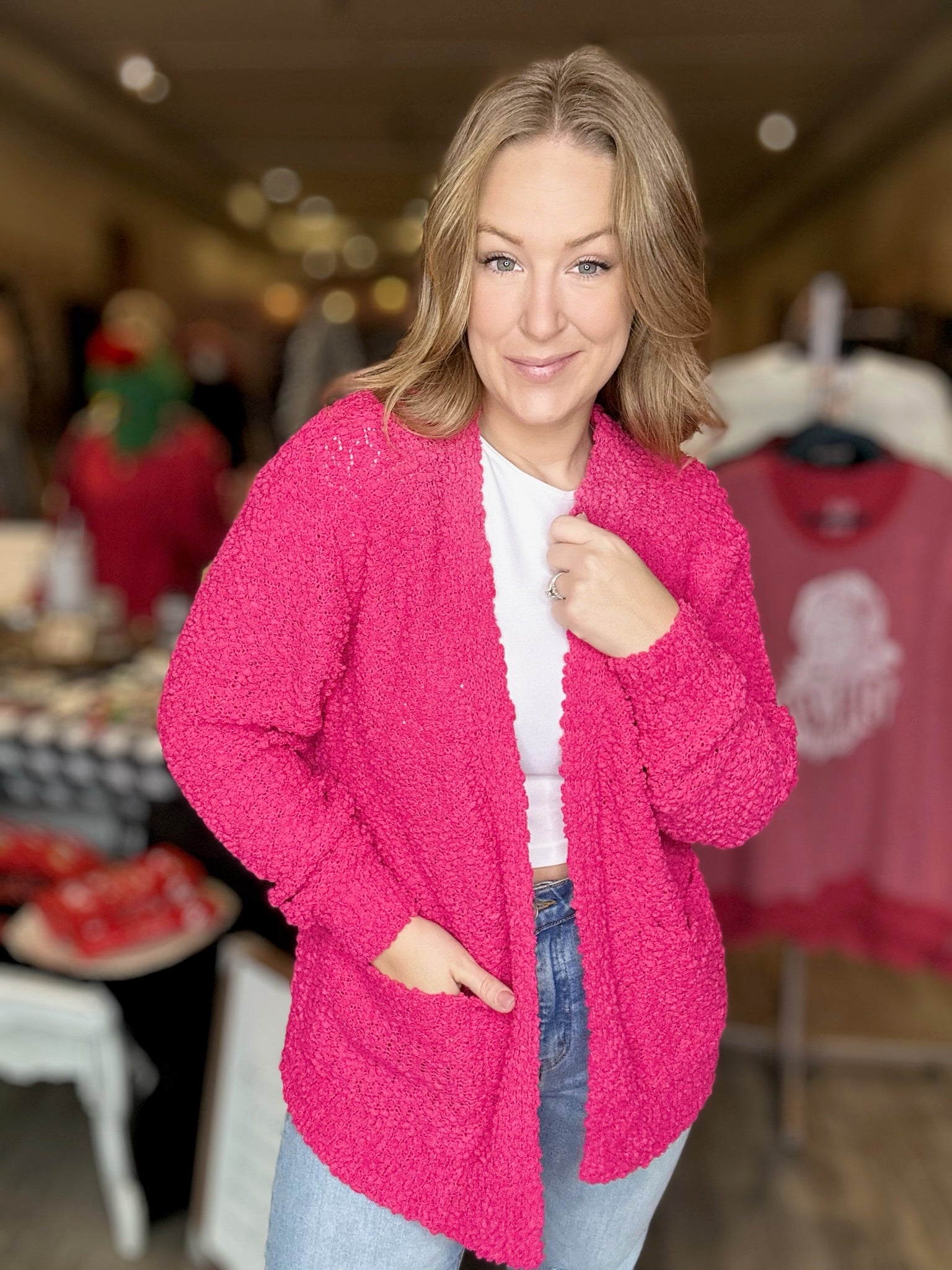 Hot Pink Popcorn Sweater Cardigan