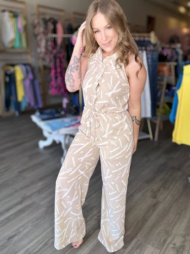 Beige Button Collar JumpSuit