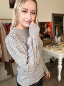 Heather Grey Pleated Puff Sleeve Sweater