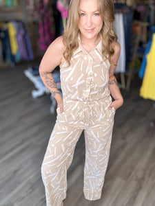 Beige Button Collar JumpSuit