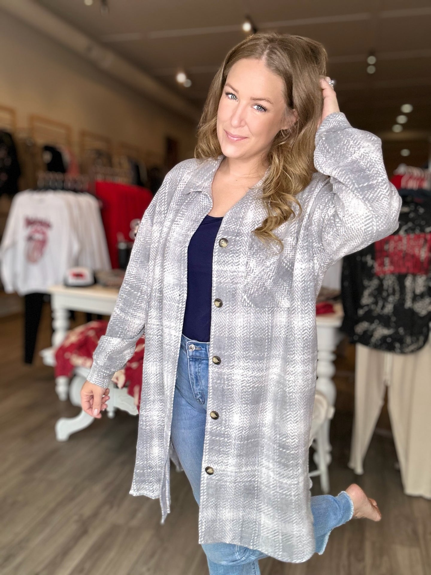 Grey Plaid Long Shacket