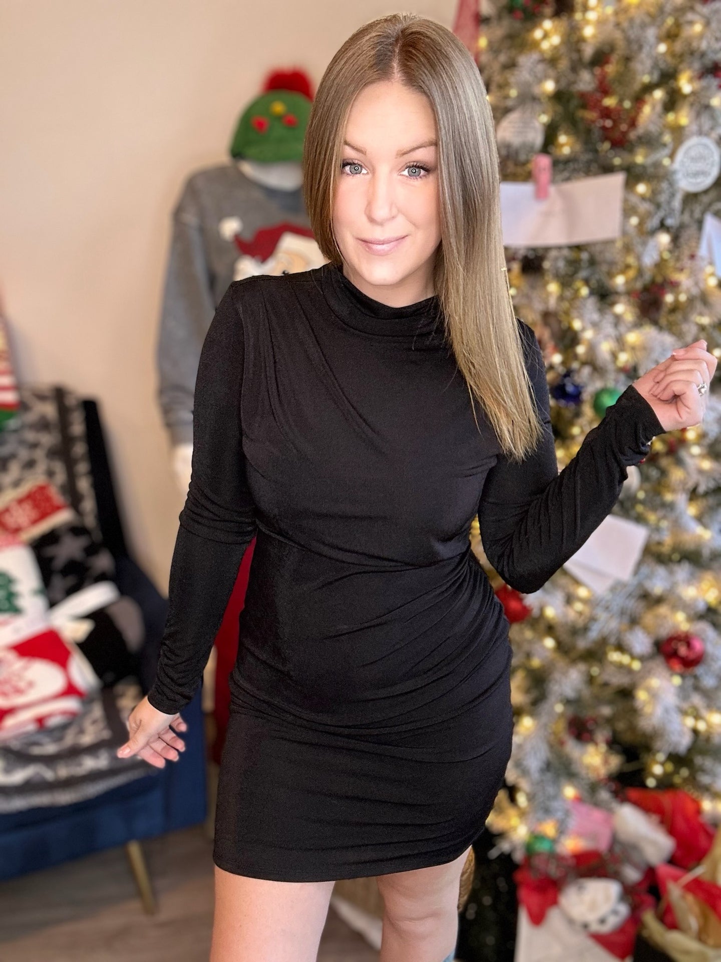 Black Mock Neck Long Sleeve Mini Dress