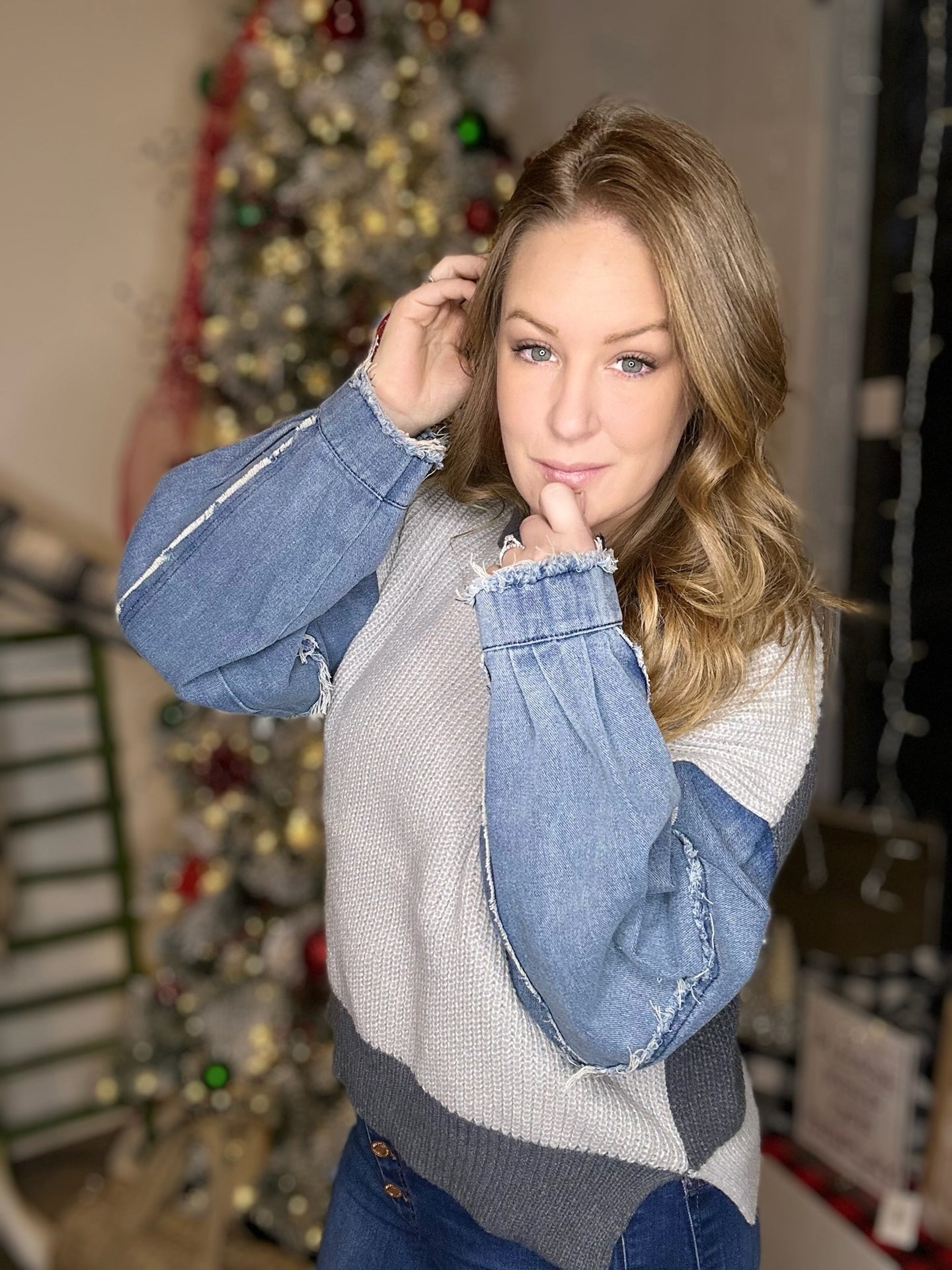 Grey Denim Sleeve Sweater