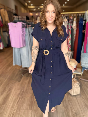 Navy Collared Button Down Dress