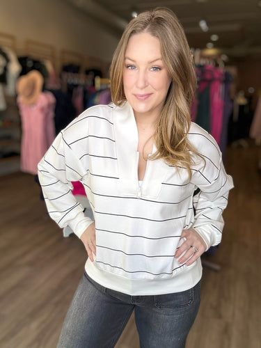 White Striped Luxe Half Zip Sweater