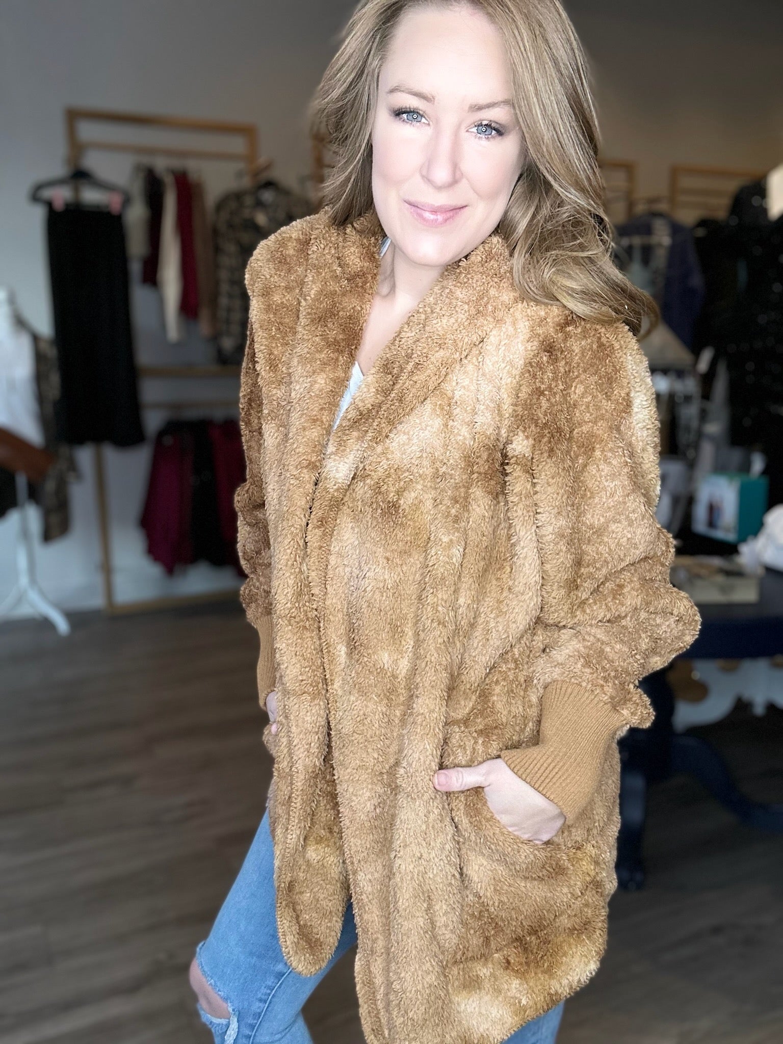 Fluffy shop camel jacket